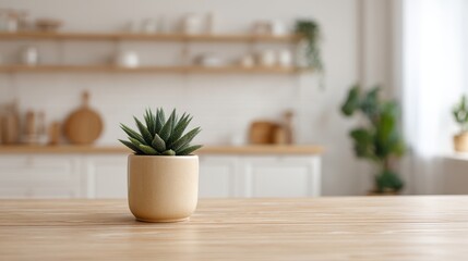 Fototapeta premium Cozy Scandinavian Home Interior with Blurred Background, Featuring Decorative Plant on Wooden Kitchen Table and Minimalist Design Elements