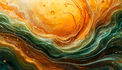 Swirling Green and Orange Fluid Art with Thick Liquid Textures and Organic Bubble Patterns