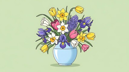 Colorful spring flower bouquet with tulips, daffodils, and irises in a blue vase