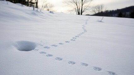 Obraz premium Animal tracks snow meander across pristine white winter landscape, leading toward small burrow. Visible animal tracks snow highlight wildlife presence in remote wilderness, showing natural activity.