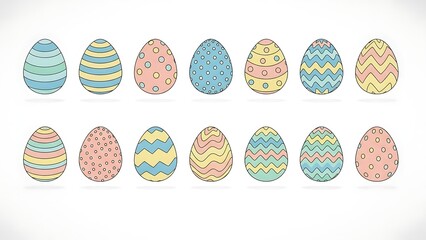 Hand drawn collection of colorful easter eggs with different patterns on white background