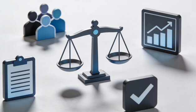 3d isometric illustration of justice scales surrounded by business icons representing legal compliance corporate ethics human resources and financial growth performance