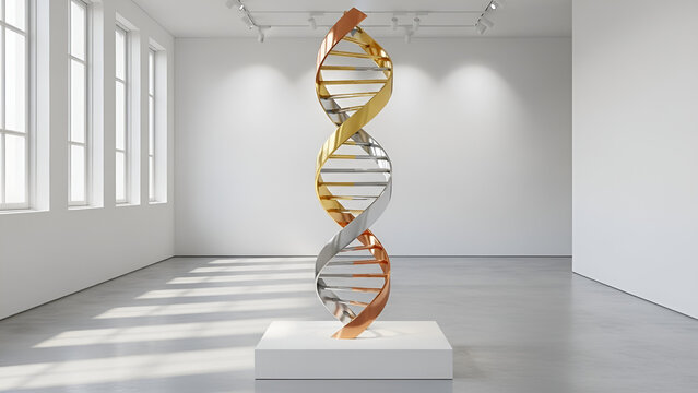 Modern metallic DNA sculpture standing in a minimalist white gallery. Gold and silver double helix statue with shadow representing science, biology, genetics, and medical research innovation. - Powered by Adobe