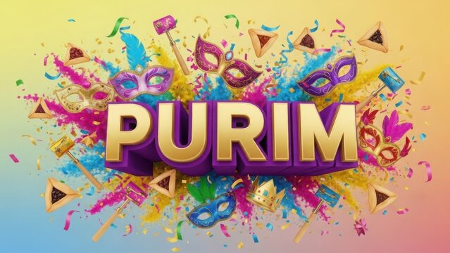 Festive Purim holiday typography with golden letters and vibrant confetti explosion. Colorful Purim holiday celebration background includes masquerade masks, traditional hamentashen cookies,