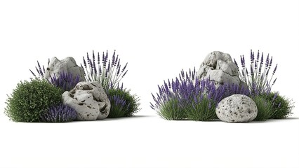 Two Garden Vignettes Featuring Grey Rocks, Green Bushes, and Purple Lavender Sprigs on a White Background