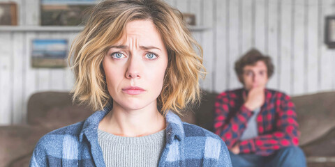 Woman feeling worried, young couple experiencing relationship problems, conflict, and emotional distance at home