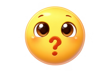 Yellow emoji face expressing confusion, questioning, doubt, and curiosity, with a red question mark for a mouth