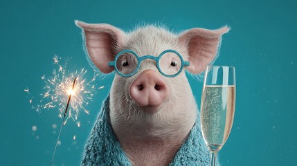 A pig wearing glasses and a blue shawl, holding a champagne glass with a sparkler