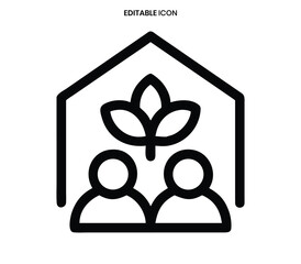A simple black and white icon depicting a house containing people and plant life