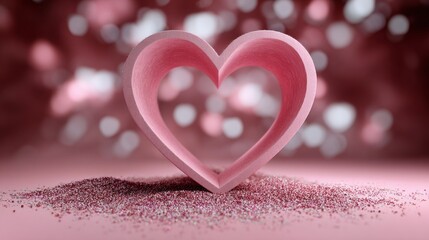 Fototapeta premium A stunning pink heart sculpture stands proud in the center, sprinkled with shimmering glitter. This festive scene radiates love and joy, perfect for a celebration