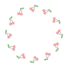 Round vector frame made of cute pink cherries. Berry frame design. Vector illustration. Decorative food template