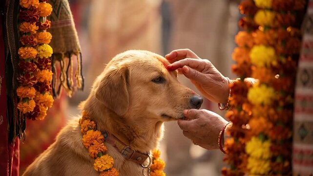Kukur Tihar Festival Honoring Dogs with Garlands and Tika.