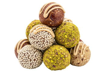 assorted chocolate truffles with sesame and pistachio coatings on white background