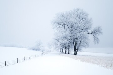 Obraz premium winter landscape. Snow covered field in countryside and lonely trees covered with snow in the middle. Winter in Russia