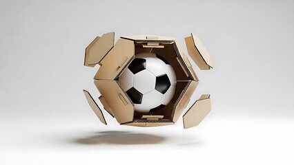 The Big Reveal: Classic Soccer Ball Unboxing, Bursting Out of Exploding Cardboard Packaging Box. Fast Shipping and Delivery Concept for Sports Equipment.