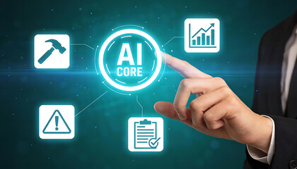 businessman pointing at glowing artificial intelligence core interface with icons for industrial tools data analytics warning signs and digital task management checklist