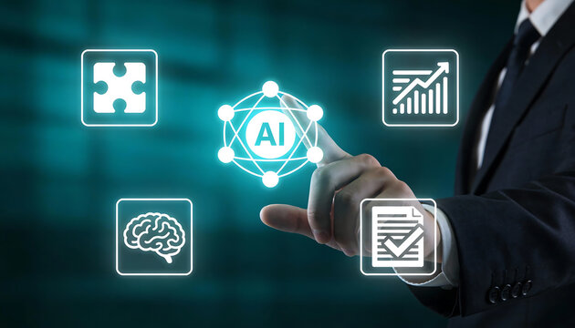 professional businessman in dark suit interacting with glowing artificial intelligence network node surrounded by icons for puzzle logic brain power data growth and document - Powered by Adobe