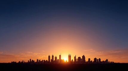 Fototapeta premium Stunning Modern City Skyline Silhouette at Sunset with Vibrant Colors and Dramatic Lighting Over Urban Landscape
