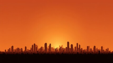 Obraz premium Modern City Skyline Silhouette at Sunset Over Urban Landscape with Tall Buildings Against Vibrant Orange Sky