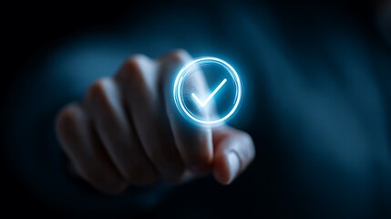 Glowing digital checkmark touch; finger pressing a neon icon. Blue light against dark background