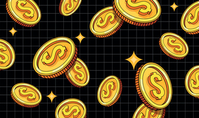 Y2k coins. Falling dollar gold coin grid background flying money cash rain retro video game bonus crypto investment concept golden token casino win jackpot neat vector illustration