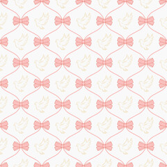 Elegant seamless pattern featuring pink ribbon bows and drawings of flying doves on a white background.
