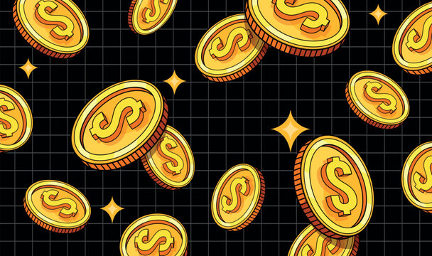 Y2k coins. Falling dollar gold coin grid background flying money cash rain retro video game bonus crypto investment concept golden token casino win jackpot neat vector illustration
