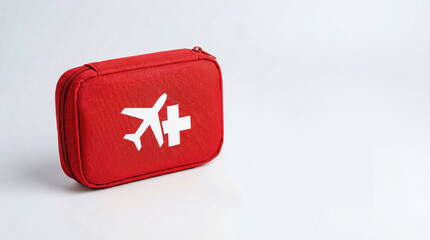 Red travel first aid kit with airplane icon isolated on white background