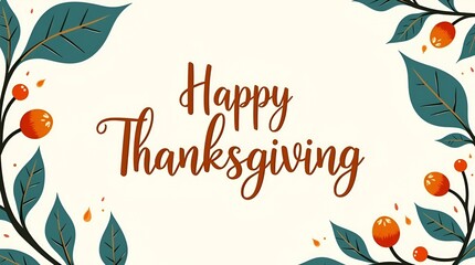 Decorative Thanksgiving card illustration with soft teal leaves and bold orange berry clusters, ornate script lettering Happy Thanksgiving, balanced botanical composition, clean vector finish