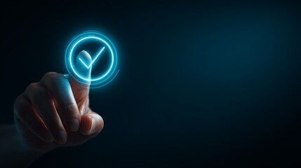 Hand pressing a glowing checkmark on a dark blue background symbolizing a successful action