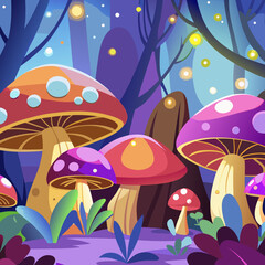A whimsical scene with colorful glowing mushrooms in a forest