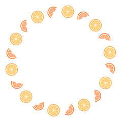 Round vector frame made of orange slices. Fruit frame design. Vector illustration. Decorative food template