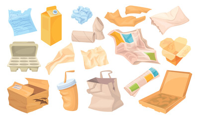 Paper waste. Recycle trash, sorted garbage cardboard boxes crumpled papers crush coffee cups newspaper notebook recycling paperwaste post disposal rubbish, neat vector illustration