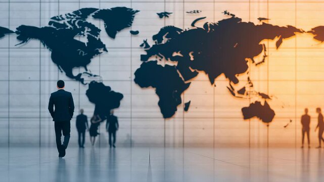 Scalable AI infrastructure, businessman in front of a world map.