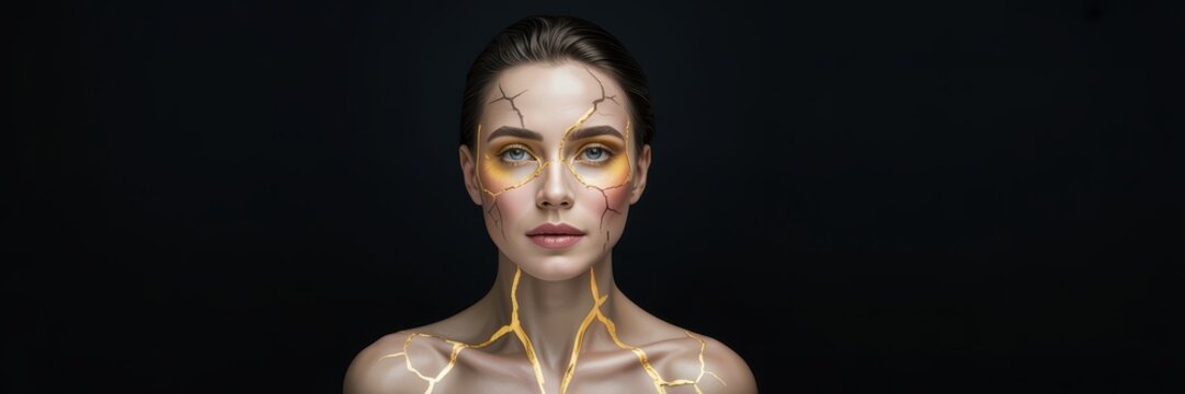 Futuristic woman with golden cybernetic face makeup on black background sci fi beauty portrait and modern technology concept