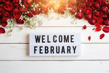 welcome to february sign with red roses