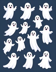 Collection of cute white cartoon ghosts floating against a dark blue background, each with a happy expression