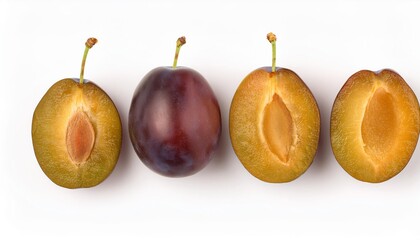 Fresh whole and halved plums on white background