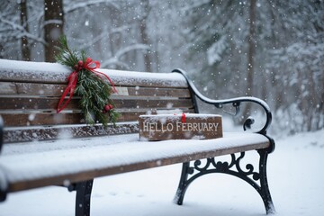 a bench covered in snow with a christmas wreath