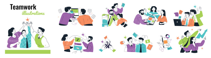 Office teamwork scenes. Work team communication, corporate meeting company discuss business organisation employees group conversation, presentation icon classy vector illustration