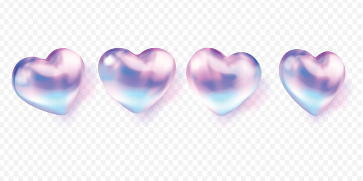 Holographic balloon hearts. 3d hologram heart, realistic inflated love symbol y2k glass neon shape like icon birthday party valentine day gift holo figure exact vector illustration