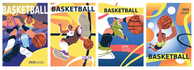 Basketball players posters. Sport event flyers, cartoon athlete play game match tournament invitation cards man throw ball in basket man action play, set classy vector illustration