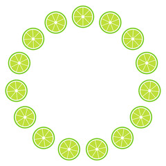 Round vector frame made of green lime slices. Fruit frame design. Vector illustration. Decorative food template