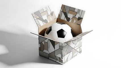 Football Unboxing: Minimalist Geometric Packaging Reveals Soccer Ball Against Clean White Background.