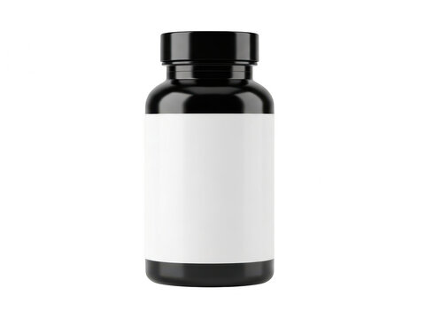 Black supplement bottle with white label isolated on transparent background