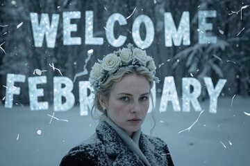 a woman in a crown standing in the snow with the words welcome to february