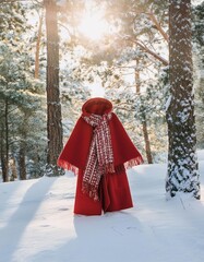 Red hooded cape and scarf in winter forest