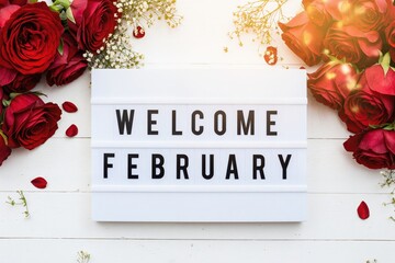 welcome to february sign with red roses