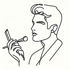 Male figure applying makeup with brush in minimalist line art style  