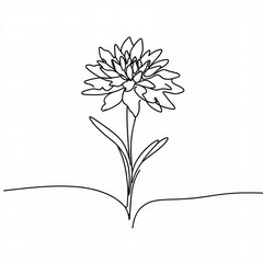 Single line art of a flower with leaves on a plain background  